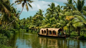 Traditional houseboat cruising through palm-lined Alleppey backwaters in Kerala