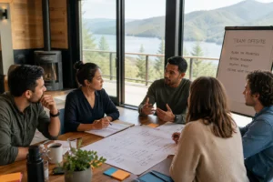 Corporate team planning an offsite meeting at a scenic mountain resort