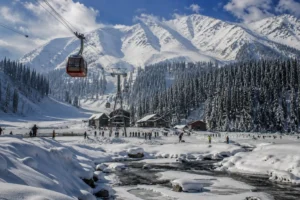 Travellers enjoying Gandola ride views on a Jammu and Kashmir tour package with India's best travel agency, Roameaze.