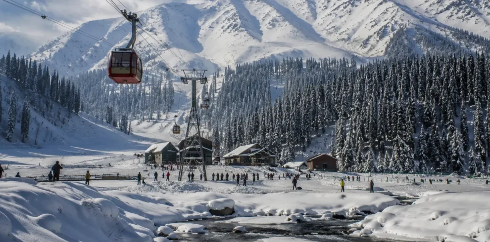 Travellers enjoying Gandola ride views on a Jammu and Kashmir tour package with India's best travel agency, Roameaze.