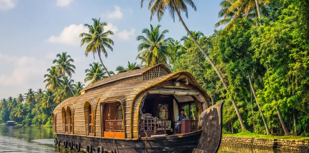Travellers enjoying Kerala backwaters on a Kerala tour package with India's best travel agency, Roameaze.