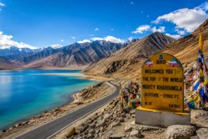 Travellers enjoying Pangong Lake views on a Leh Ladakh tour package with India's best travel agency, Roameaze.