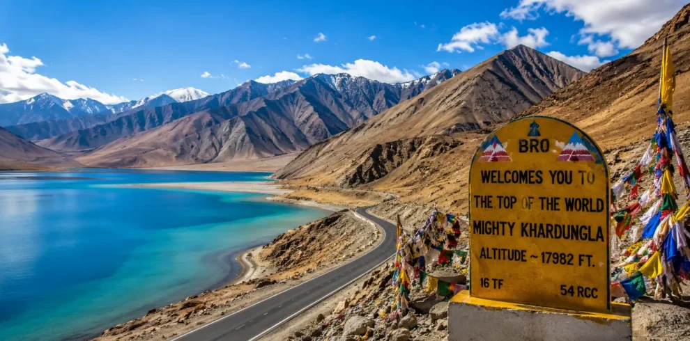 Travellers enjoying Pangong Lake views on a Leh Ladakh tour package with India's best travel agency, Roameaze.