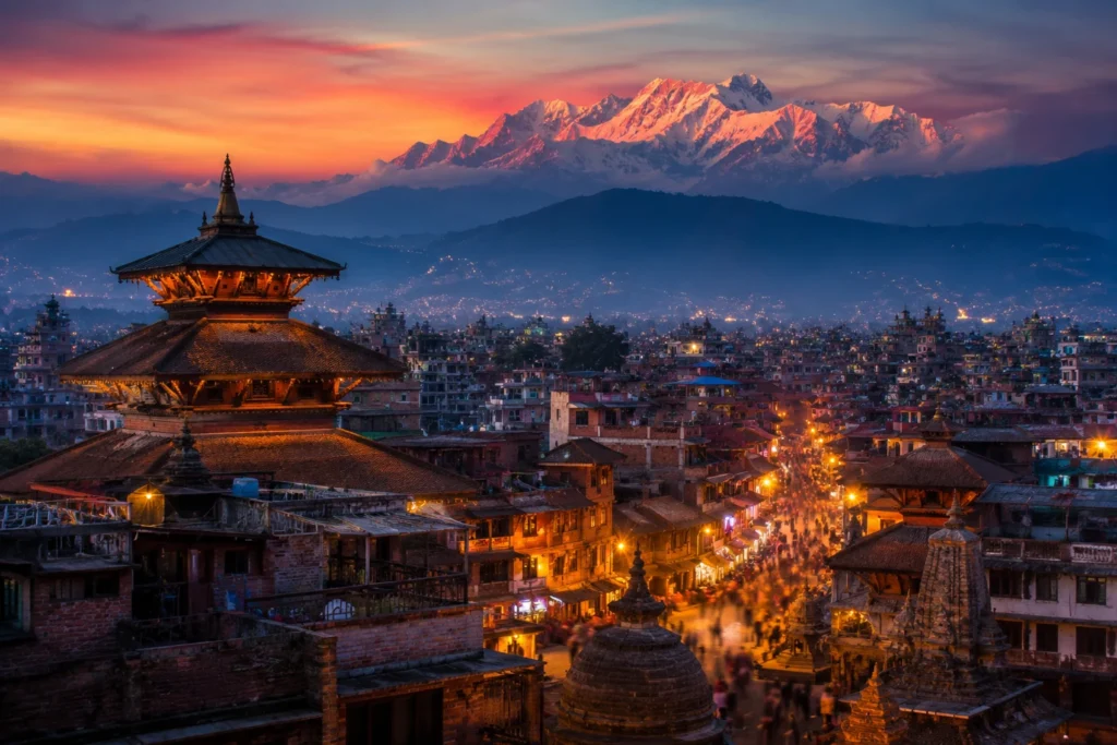 Travellers enjoying Himalayan views on a Nepal tour package from India with Roameaze.