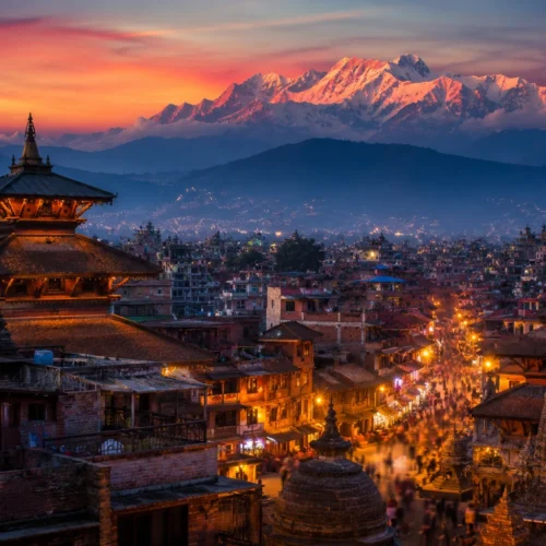 Travellers enjoying Himalayan views on a Nepal tour package from India with Roameaze.