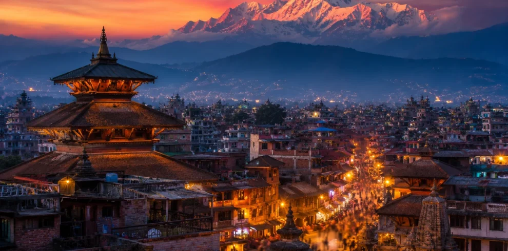 Travellers enjoying Himalayan views on a Nepal tour package from India with Roameaze.