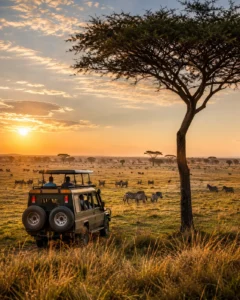 Travellers enjoying a Serengeti safari on a Tanzania tour package from India with Roameaze.