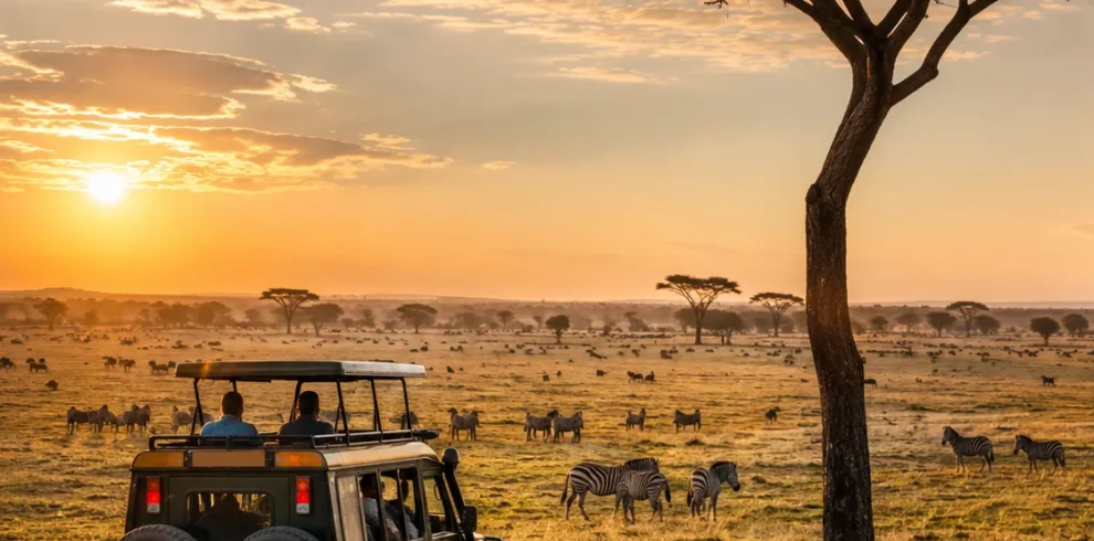 Travellers enjoying a Serengeti safari on a Tanzania tour package from India with Roameaze.